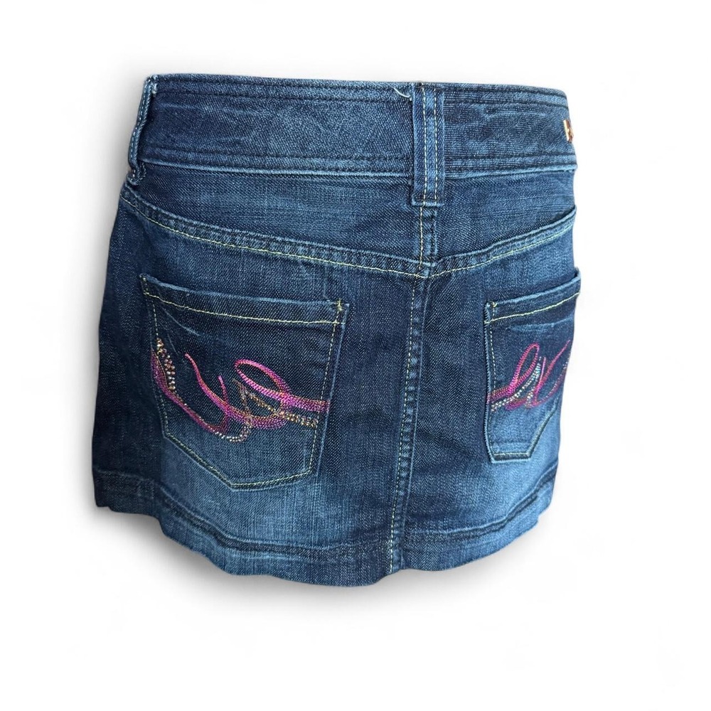 Express bedazzled dark wash denim skirt with pink glitter embroidery size 8